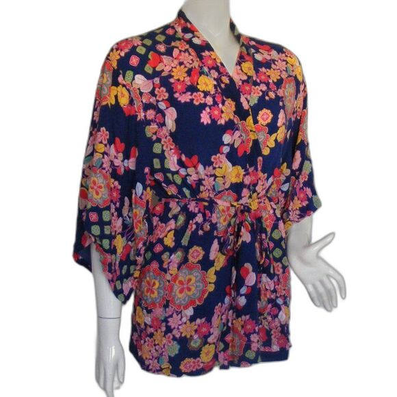 JOSIE Natori Kimono Robe, M, Blue, Multicolor floral, Short, Sash belt, Rayon - Picture 3 of 13
